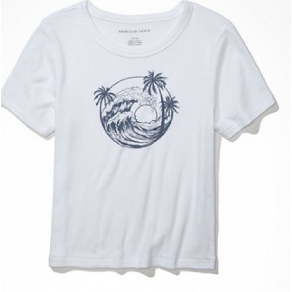 Like-new AE Graphic Baby Tee - Natural White with Blue wave and palm tree print